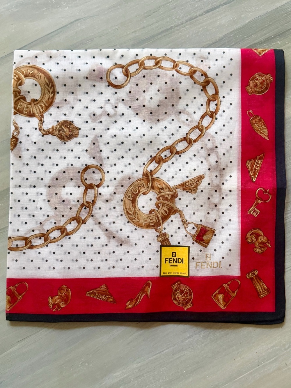 Fendi White, Red & Gold Chain Motif Scarf Bandanna Bag Accessory NWT